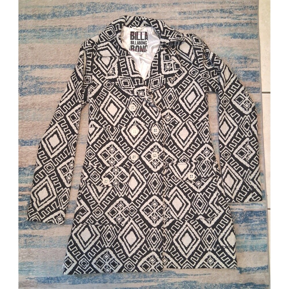 Y2K Billabong Womens Geometric Coat Jacket Medium Button Front Pockets Boho Wool